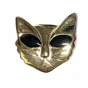 Vintage Cat Face Brooch With Onyx Black Eyes Gold Tone Metal 1.5" x 1.5"